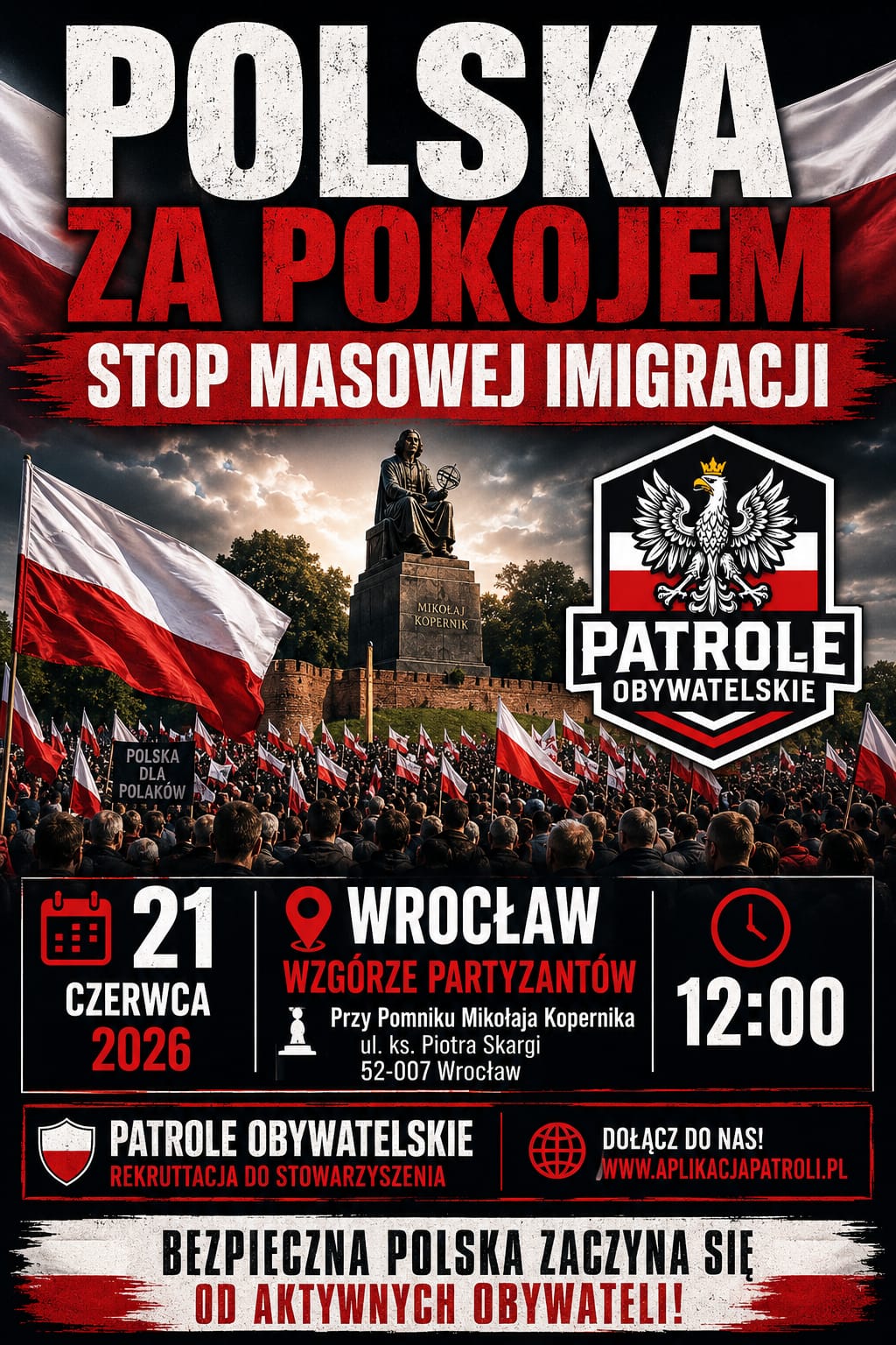 Plakat — Polska za Pokojem · STOP masowej imigracji, Wrocław 21 czerwca 2026, godz. 12:00, Wzgórze Partyzantów, Pomnik Mikołaja Kopernika