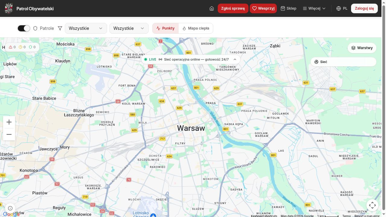Mapa zagrożeń Patrolu Obywatelskiego — widok desktop z filtrami patroli i punktów