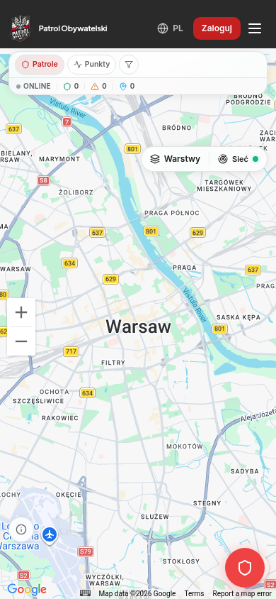 Mobilny widok mapy zagrożeń — Patrol Obywatelski w telefonie